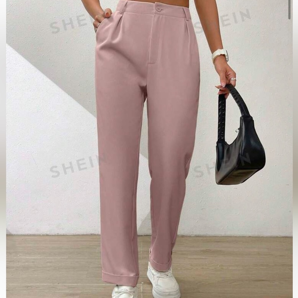 SHEIN Essnce Solid Color Pleated Wide-Leg Trousers With Slanted Pockets Medium